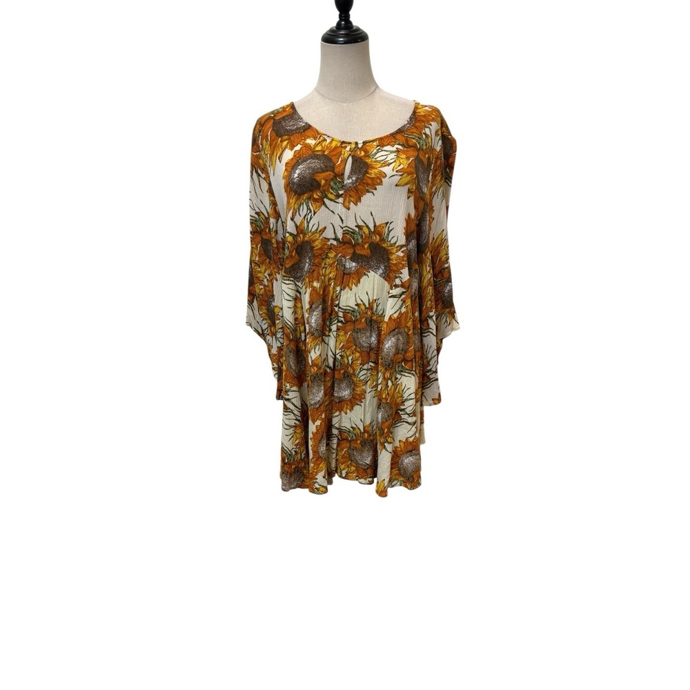 Umgee Sunflower Babydoll Mini Dress Sz L Flare Sleeve Boho Festival Hippie Beach